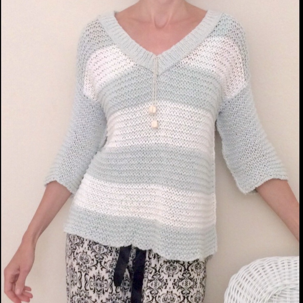 New Sweater Pullover Sage/White Chunky Knit Cotton